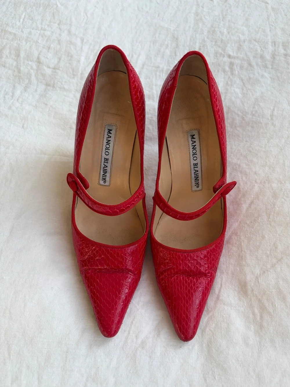Vintage Manolo Blahnik Python Snake Leather Pointy Toe Mary Jane Heels Red